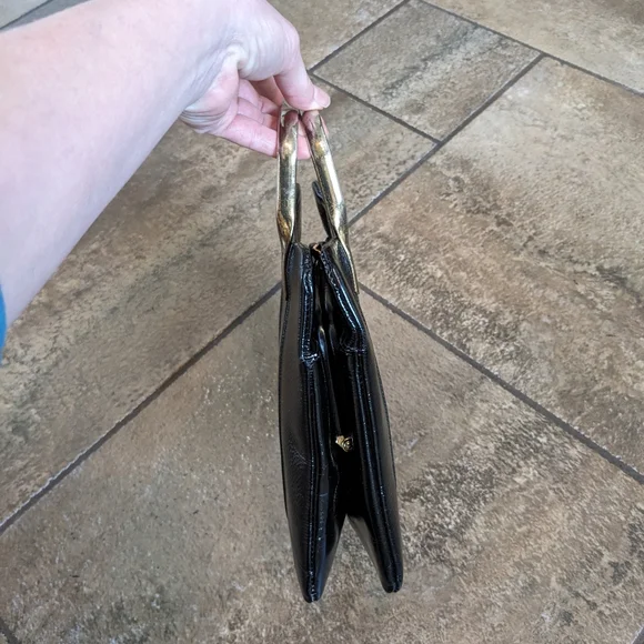 Jane Shilton Vintage Patent Leather Metal Top Handle Luxurious Evening Bag Black - Picture 3 of 14